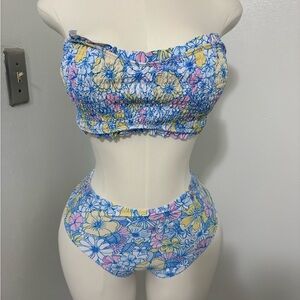 Floral Smocked Bandeau Bikini Set in Blue, Yellow & Pink
